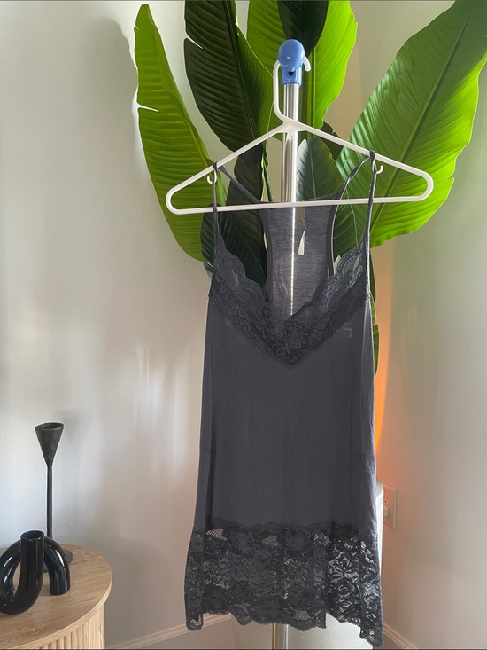 Canne D’or Other - Lace-Trim Slip Chemise in Charcoal Gray
